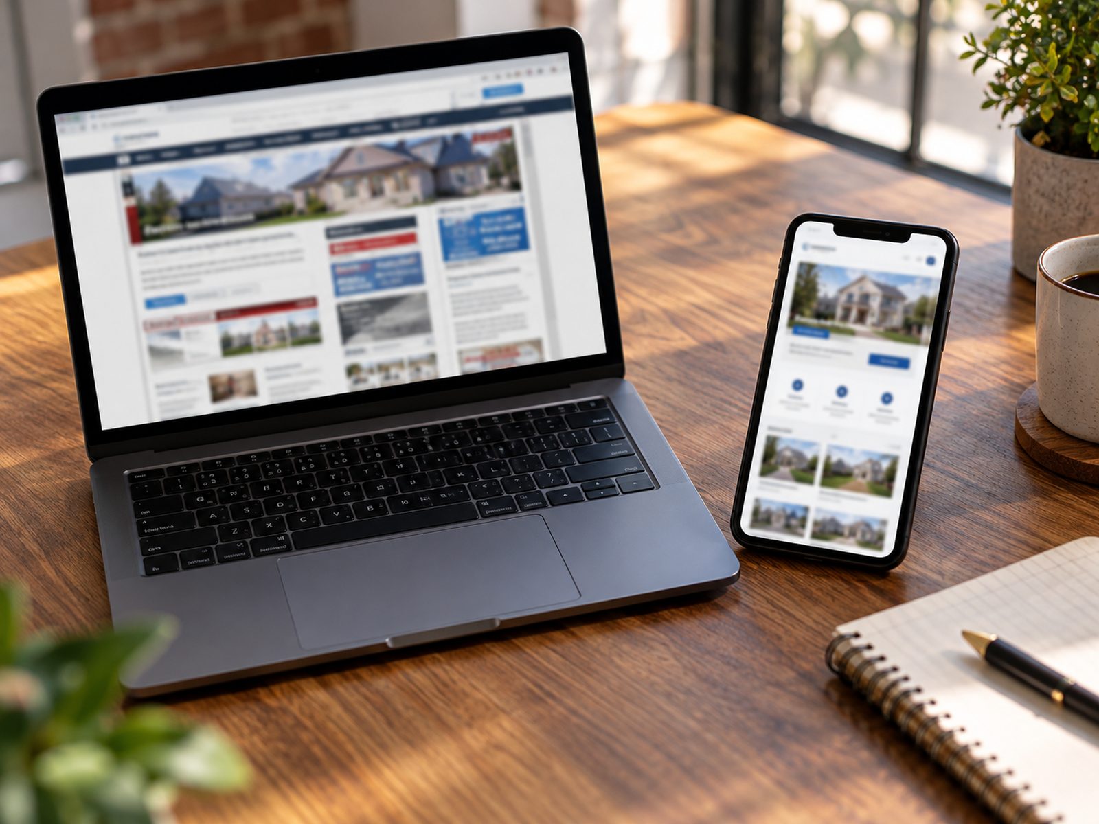 A laptop showing a dated, cluttered website next to a phone showing a clean modern one